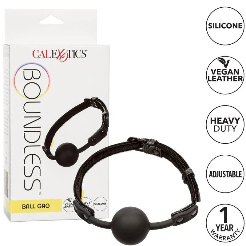 Bâillon boule silicone noir, cuir végétalien, double couture, boucle réglable, confort durable, éthique, sans goût.