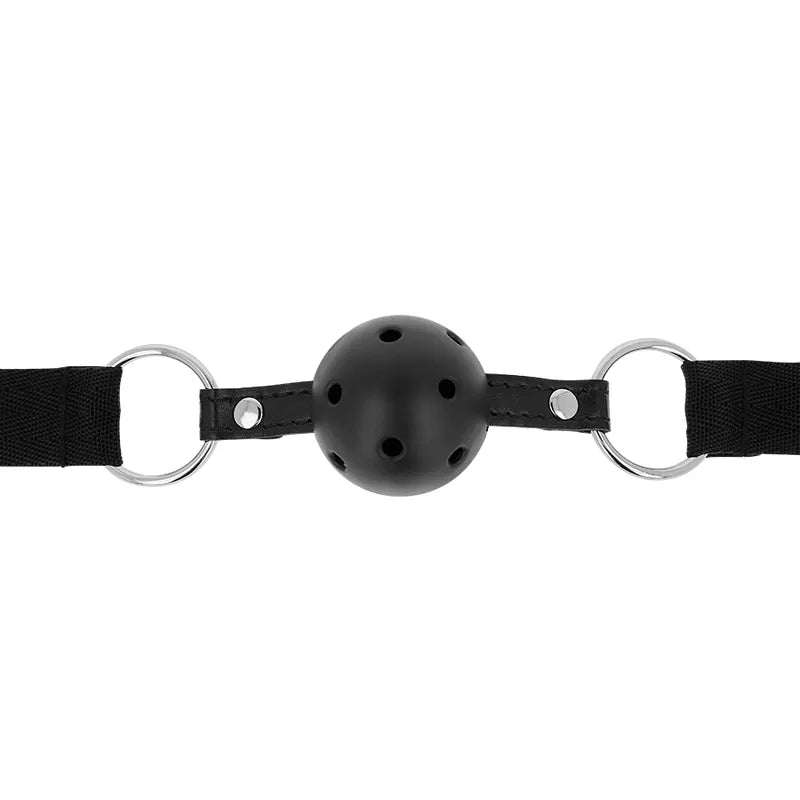Bâillon boule respirant noir, diamètre 4,5 cm, avec bretelles ajustables robustes et finition élégante pour jeux BDSM.
