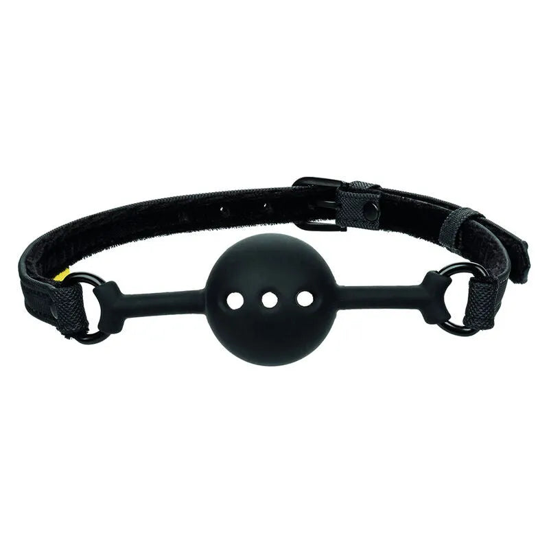 Bâillon boule noir en silicone respirant avec trous, lanières ajustables en cuir végétalien, boucle sécurisée.