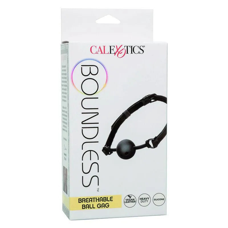 Bâillon boule noir en silicone respirant avec lanières cuir végétalien, boucle réglable, dans emballage blanc.