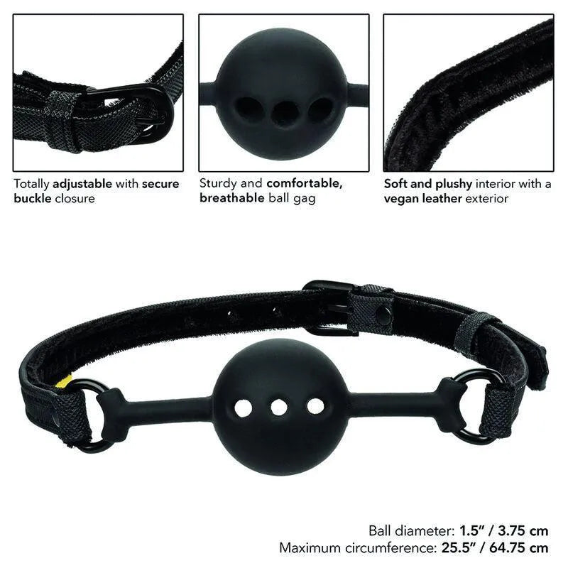 Bâillon boule noir en silicone respirant avec lanières cuir végétalien, boucle réglable, sécurité et confort pour couples.