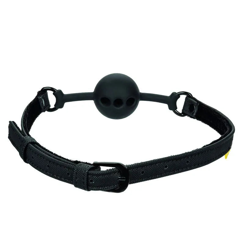 Bâillon boule noir en silicone respirant avec lanières en cuir végétalien et boucle réglable pour jeux érotiques sécurisés.