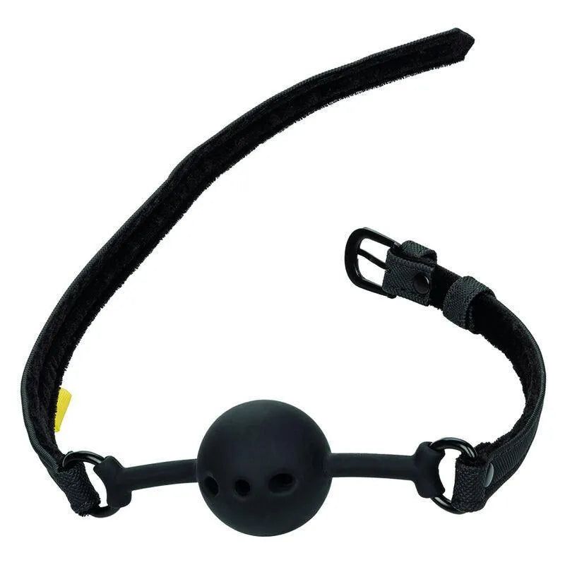 Bâillon boule noir en silicone respirant avec lanières en cuir végétalien et boucle réglable pour jeux de retenue.