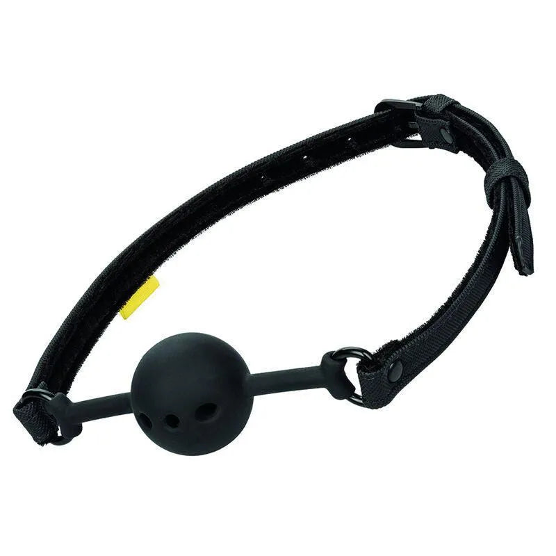 Bâillon boule silicone noir respirant avec lanières cuir végétalien, boucle réglable, pour jeux de retenue érotique.