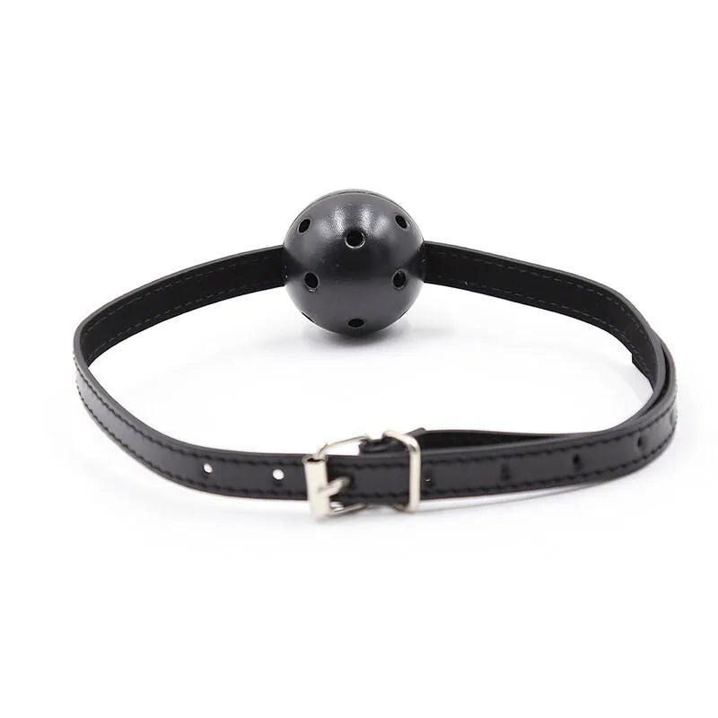 Bâillon boule noir Ohmama, sans phtalates, avec trous d'aération, sangle réglable en cuir synthétique, hypoallergénique.