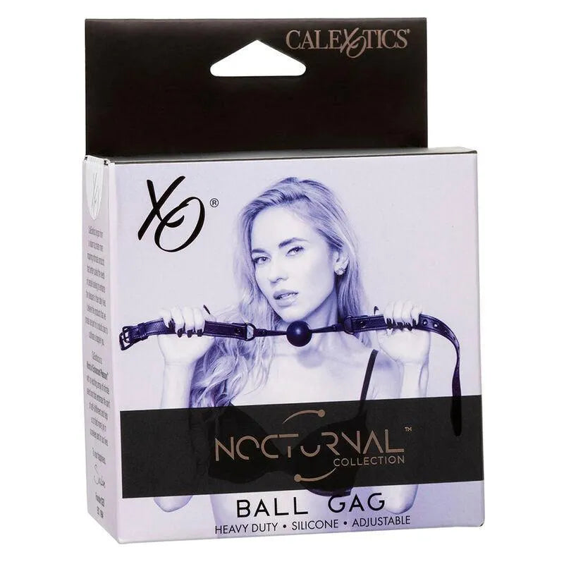 Bâillon boule silicone noir réglable, boucle robuste, emballage Nocturnal Collection, accessoire sensoriel BDSM.