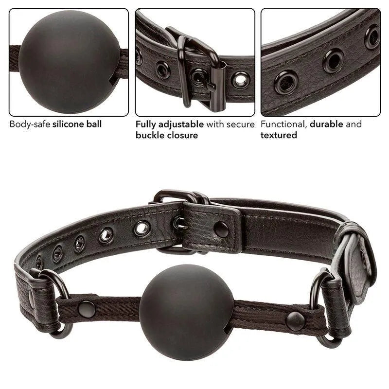 Bâillon boule silicone noir réglable avec boucle robuste, texture sensorielle, durable et hypoallergénique.