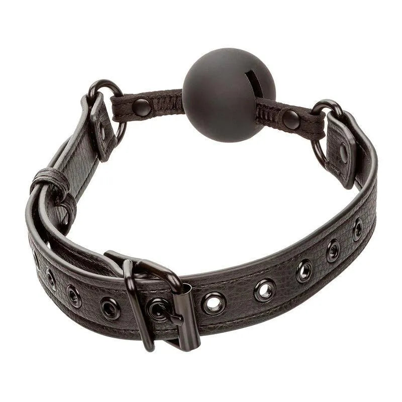 Bâillon boule silicone noir réglable avec boucle robuste, texture douce et couture double pour confort et sécurité BDSM.