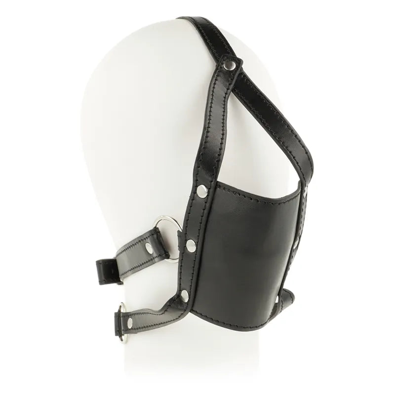 bâillon cuir noir fétichiste muselière harnais tête réglable sangles boucles clous confort sécurité durable qualité ajustement sensuel intime Ohmama