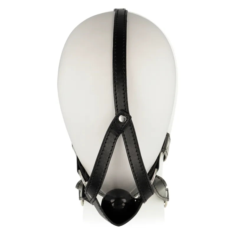 Bâillon en cuir noir avec harnais ajustable, clous et boucles, pour jeux fétichistes, confort et sécurité par Ohmama.