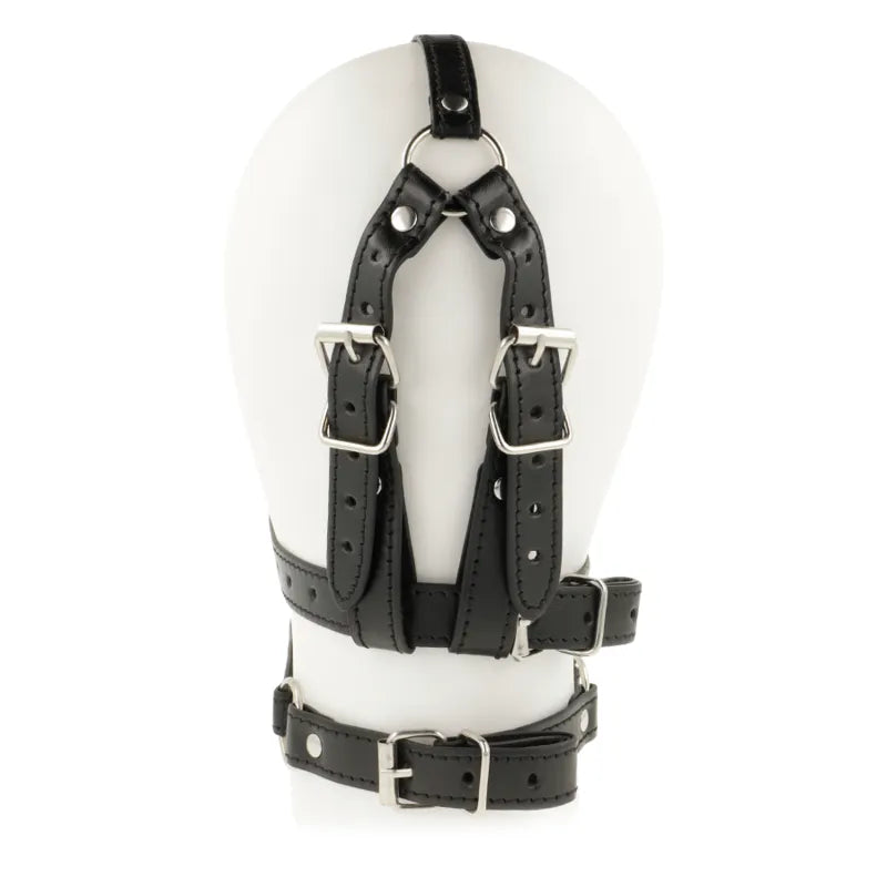 Bâillon cuir noir fétichiste avec sangles réglables et boucles, design Ohmama, pour jeux intimes et confort optimal.