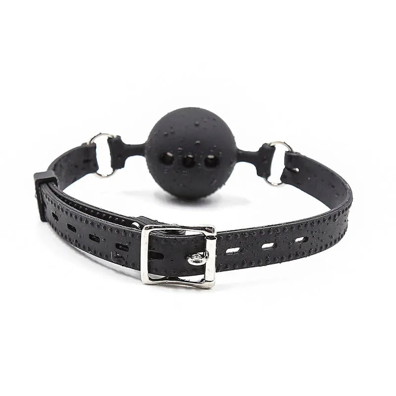 Bâillon en silicone noir hypoallergénique Ohmama, boule 51mm, bretelles réglables, ergonomique, sans phtalates.