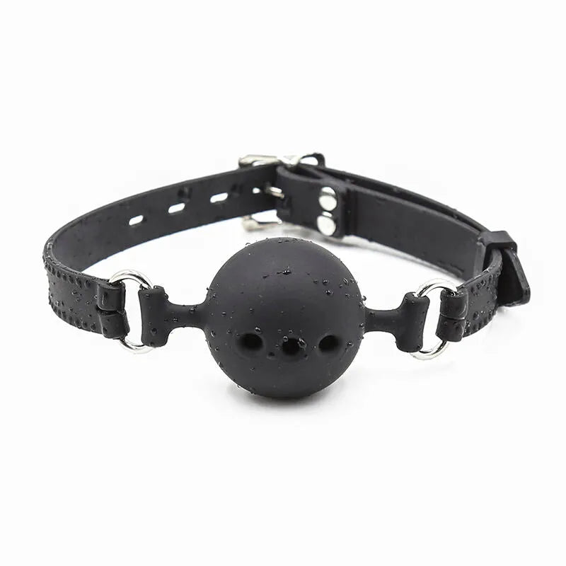 Bâillon noir en silicone hypoallergénique Ohmama, boule respiratoire 51mm, bretelles réglables, sans phtalates.