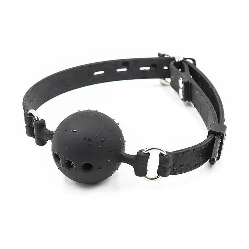 Bâillon noir en silicone hypoallergénique Ohmama, boule respiratoire 51mm, bretelles réglables, sans phtalates.