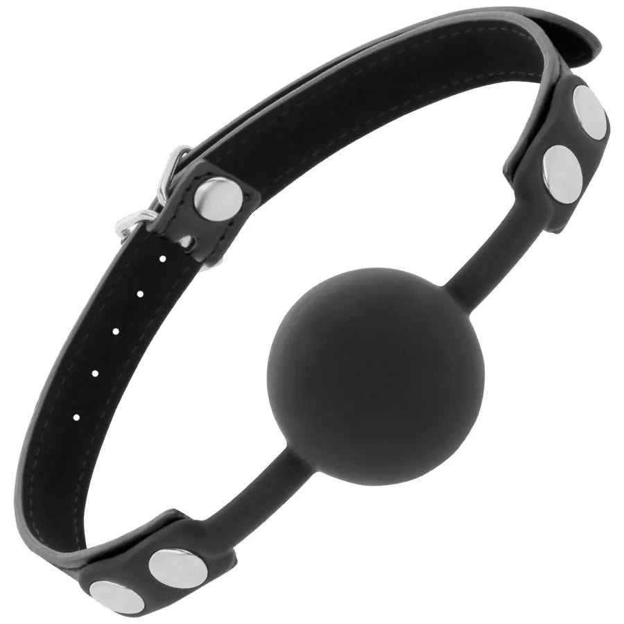 Bâillon silicone noir avec lanières cuir ajustables, coutures raffinées, pour exploration BDSM confortable et sécurisée.