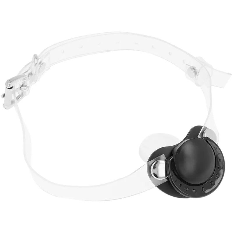 Bâillon factice transparent sans phtalates, bretelles réglables, sucette noire, design moderne et sécurisé.