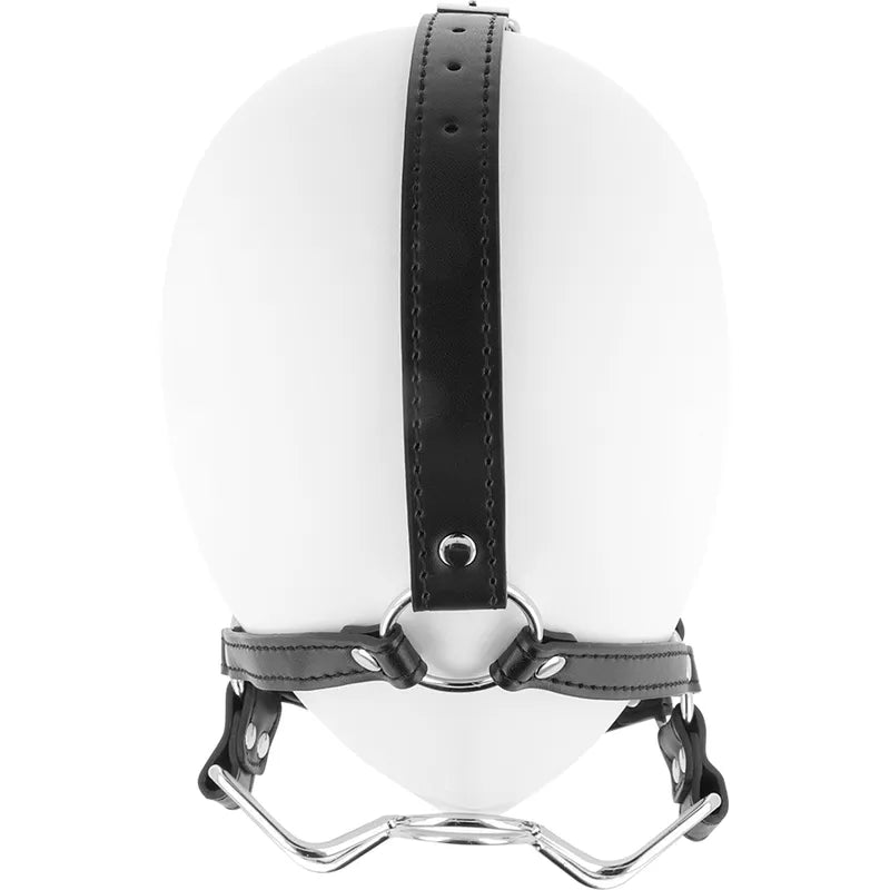 Bâillon harnais BDSM noir en acier inoxydable, sangle ajustable, robuste et confortable, pour exploration fétichiste.