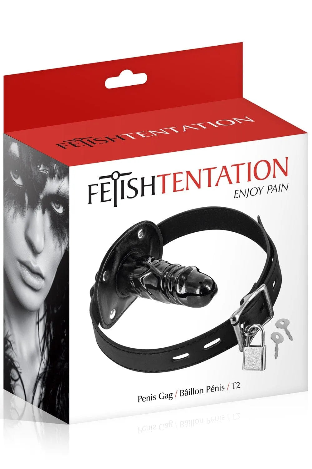 Bâillon noir avec gode intégré, réglable, cadenas et clés, emballage rouge et blanc, sans phtalate, ergonomique.