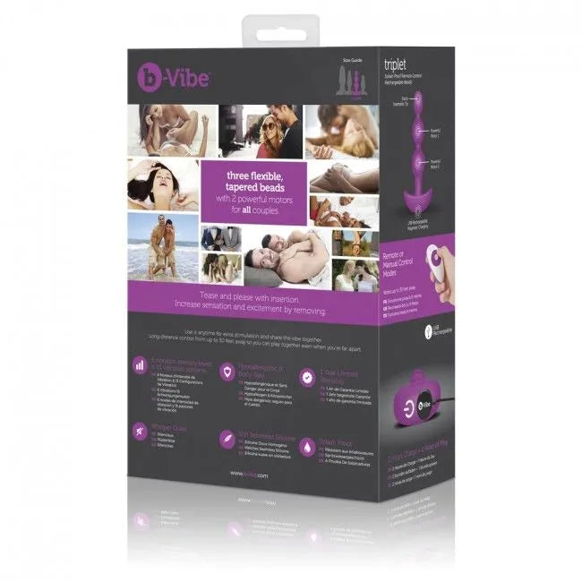 Emballage du B-Vibe Triplet Plug anal violet, silicone, deux moteurs, 6 niveaux, 15 modes, télécommande incluse.