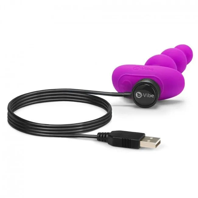 Plug anal violet B-Vibe Triplet avec télécommande, silicone soyeux, deux moteurs, câble USB, 6 niveaux, 15 modes.