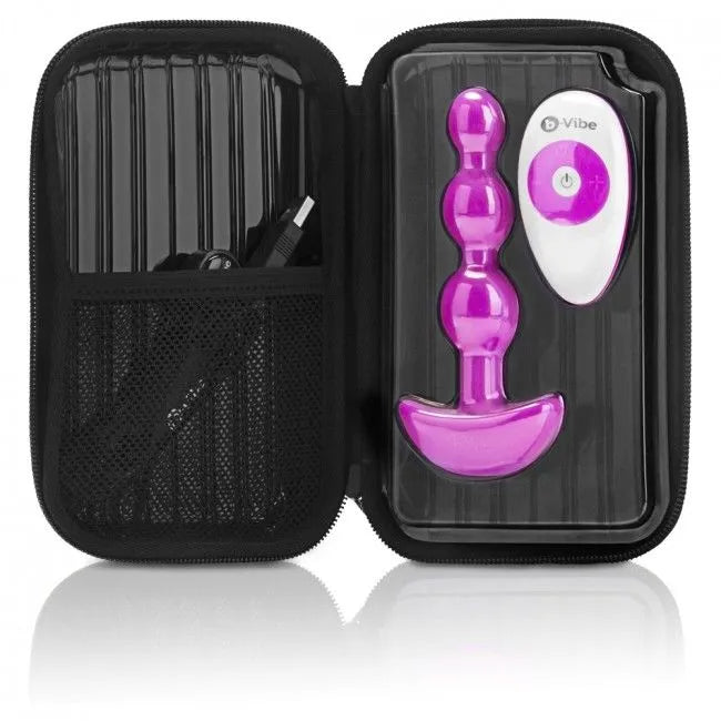 Bouchon anal violet en silicone avec télécommande, deux moteurs, dans un étui noir, pour plaisir et confort optimisés.
