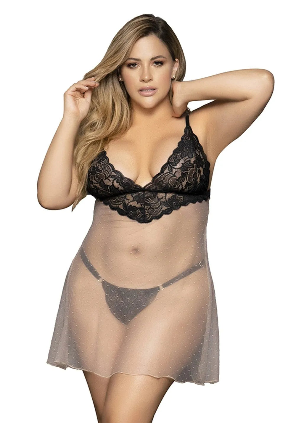 Babydoll grande taille résille noire dentelle élégante sexy confortable extensible ajustable bretelles réglables string assorti silhouette sculptante