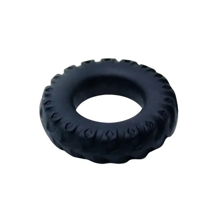 Bague de serrage silicone noire, texturée, submersible, 2 cm diamètre, retardateur éjaculation, hypoallergénique.