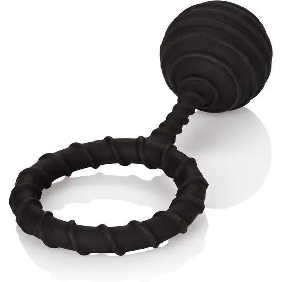 Bague en silicone noire lestée, forme circulaire, texture nervurée, stimulation intense, confort ergonomique.