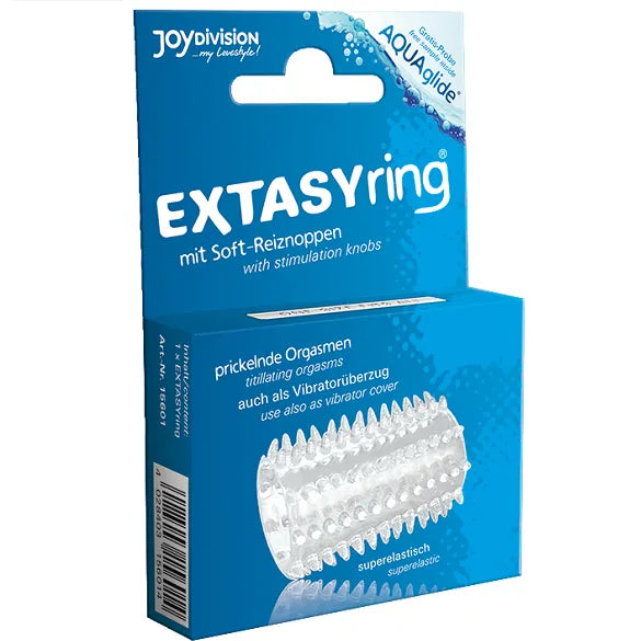 Bague Extasy transparente avec boutons stimulants, super-élastique, pour intensifier le plaisir des couples.