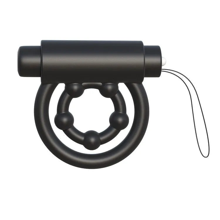 Bague vibrante noire en silicone avec télécommande, design extensible, 20 modes de vibration pour stimulation et confort.