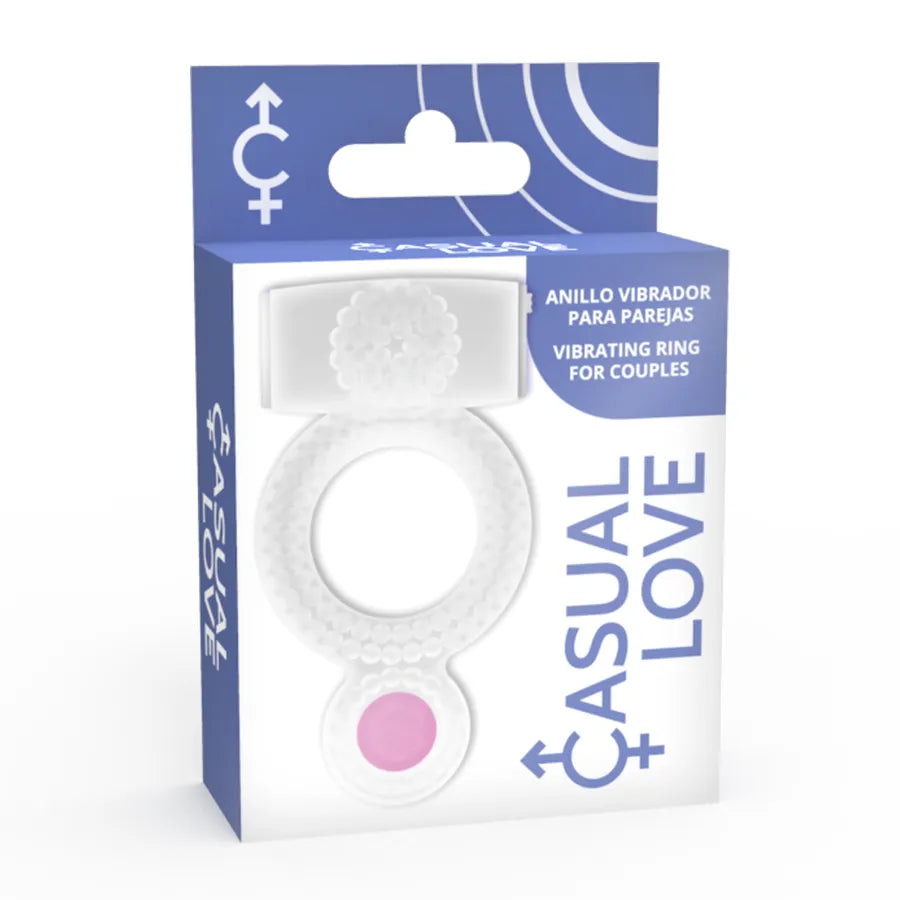 Bague vibrante érection prolongée, TPR flexible, couleur blanche, stimulation puissante, emballage Casual Love.