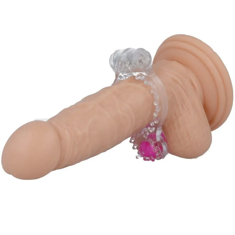 Bague vibrante transparente sur sextoy, stimulation puissante, TPR flexible, confort ajustable, étanche, pile incluse.
