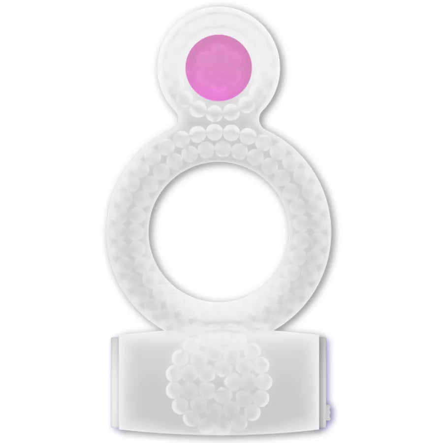 Bague vibrante transparente en TPR avec zone rose, forme circulaire, conçue pour érection prolongée et stimulation intense.