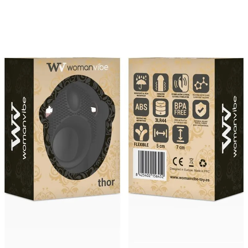 Bague vibrante noire en silicone ergonomique Womanvibe, retardatrice d'éjaculation, dans emballage élégant beige et noir.