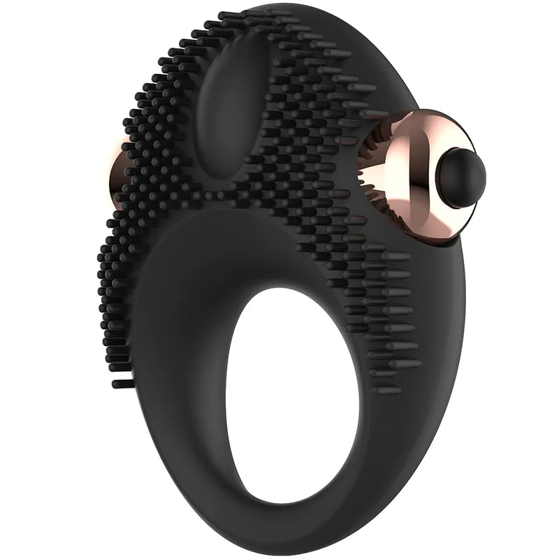 Bague vibrante noire en silicone avec embouts doux, design ergonomique, stimuleur clitoridien, retard éjaculation.