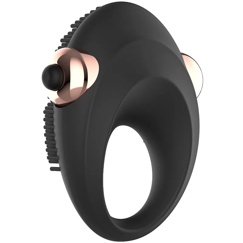 Bague vibrante noire en silicone ergonomique, design compact, embouts doux, stimulation clitoridienne, retard éjaculation.