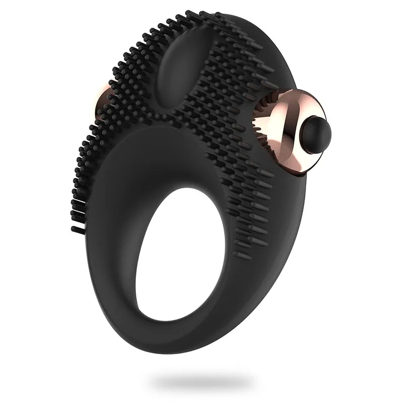 Bague vibrante noire en silicone, ergonomique, avec texture stimulante et moteur puissant pour retard éjaculation.