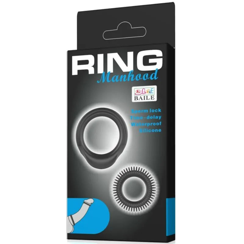 Bague retardatrice éjaculation silicone noire, extensible, sur emballage noir avec texte blanc et bleu, design ergonomique.