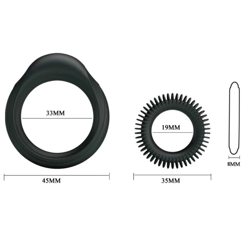 Bagues retardatrices éjaculation en silicone noir, ergonomiques et extensibles avec dimensions, pour plaisir prolongé.