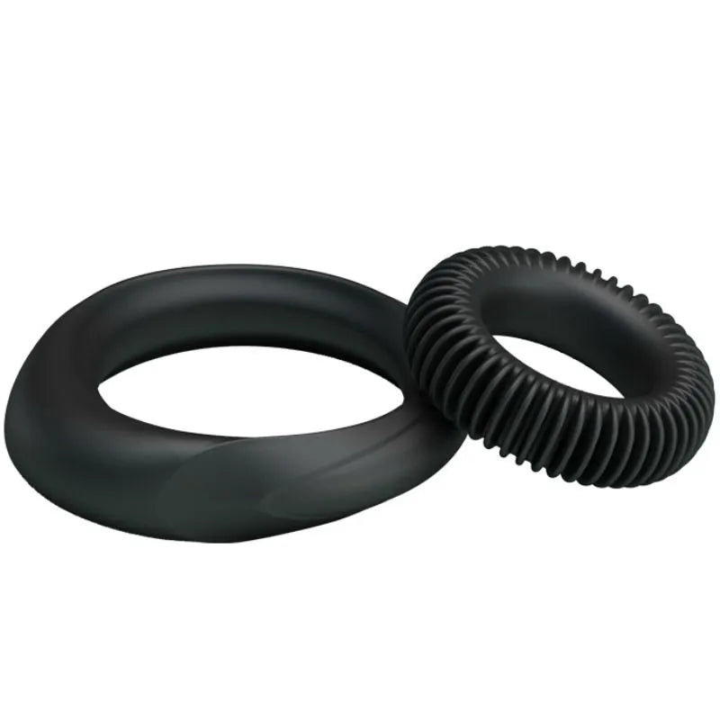 Bagues retardatrices éjaculation en silicone noir, ergonomiques et texturées, pour prolonger le plaisir intime.