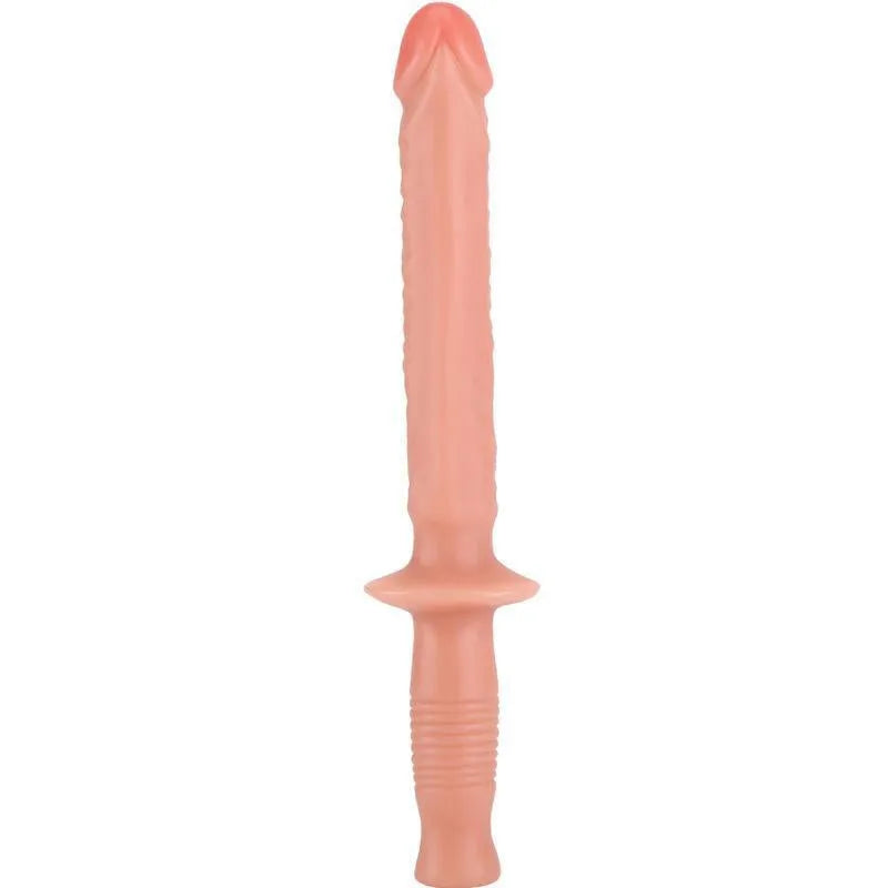 Baguette sexuelle PVC sans phtalates, 38 cm, tige veinée, poignée ergonomique style bâton police, couleur claire.