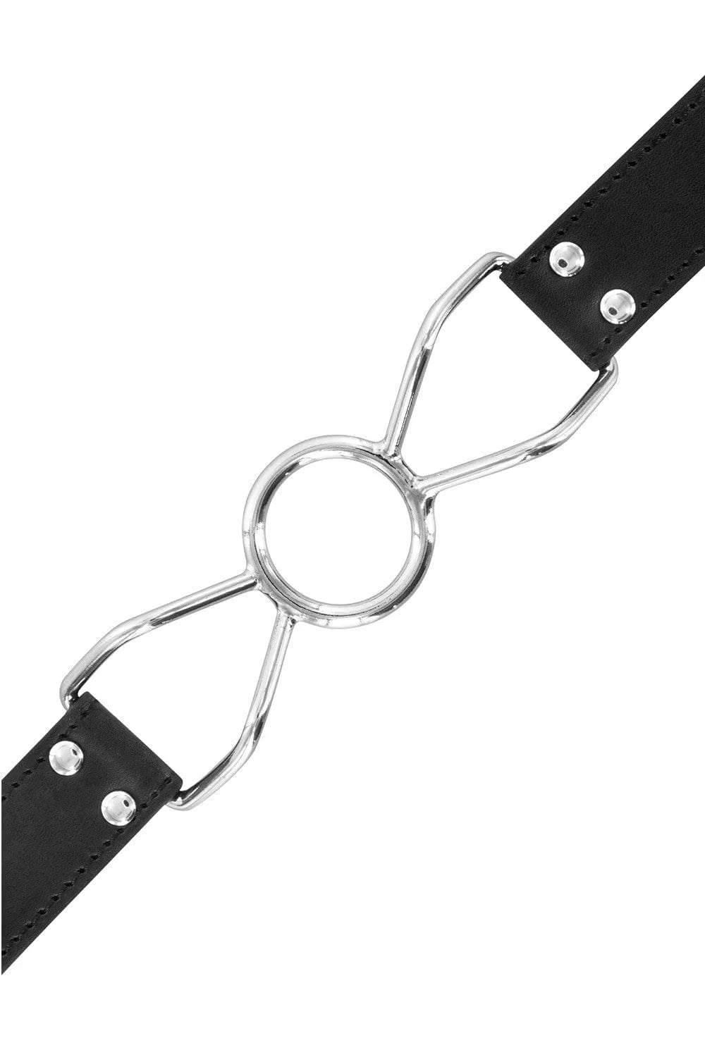 Baillon araignée réglable en métal et polyuréthane noir, maintien bouche ouverte, idéal pour jeux BDSM, taille ajustable.