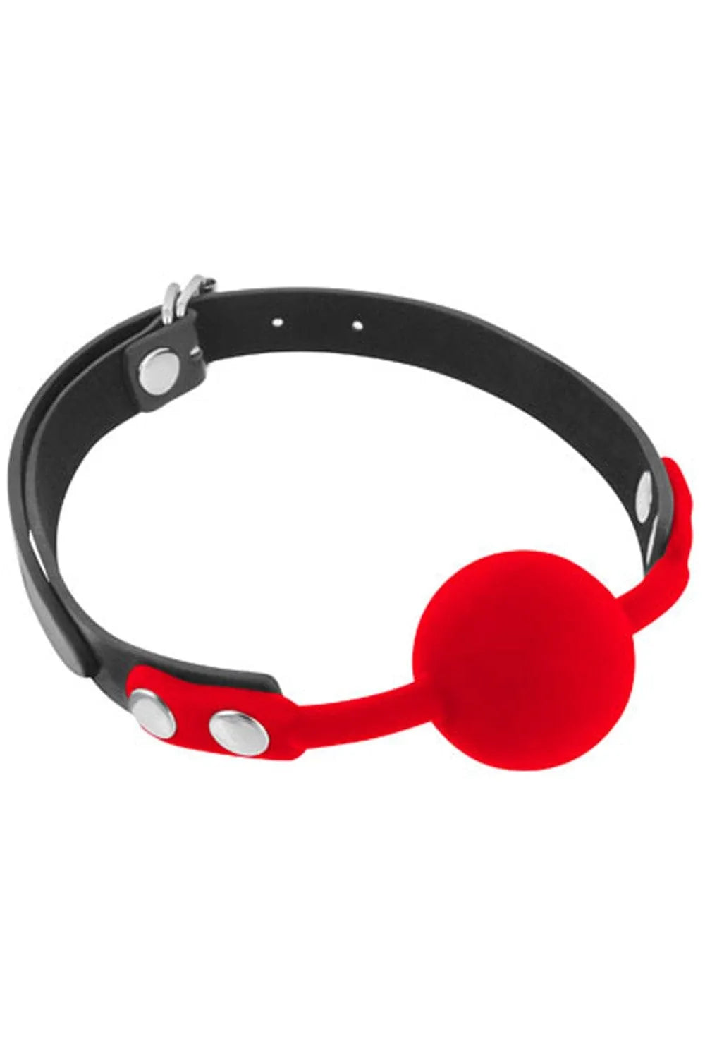 Baillon bouche réglable avec boule silicone rouge, sangle noire ajustable, pour confort et hygiène, circonférence 42-57 cm.