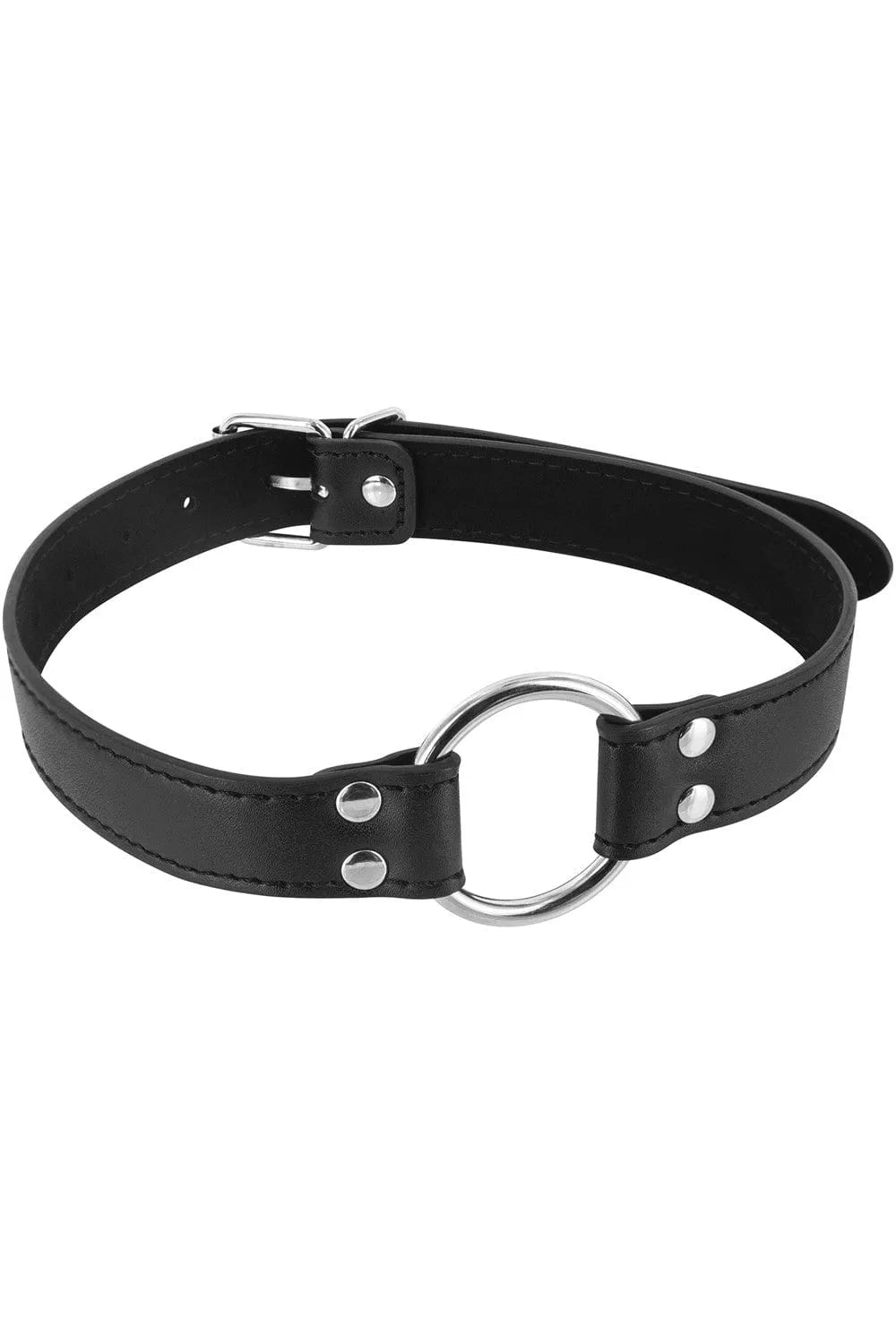 Baillon bouche ouverte noir, réglable 39-59 cm, anneau métal, intérieur feutré, ceinture boucle, BDSM, polyuréthane.