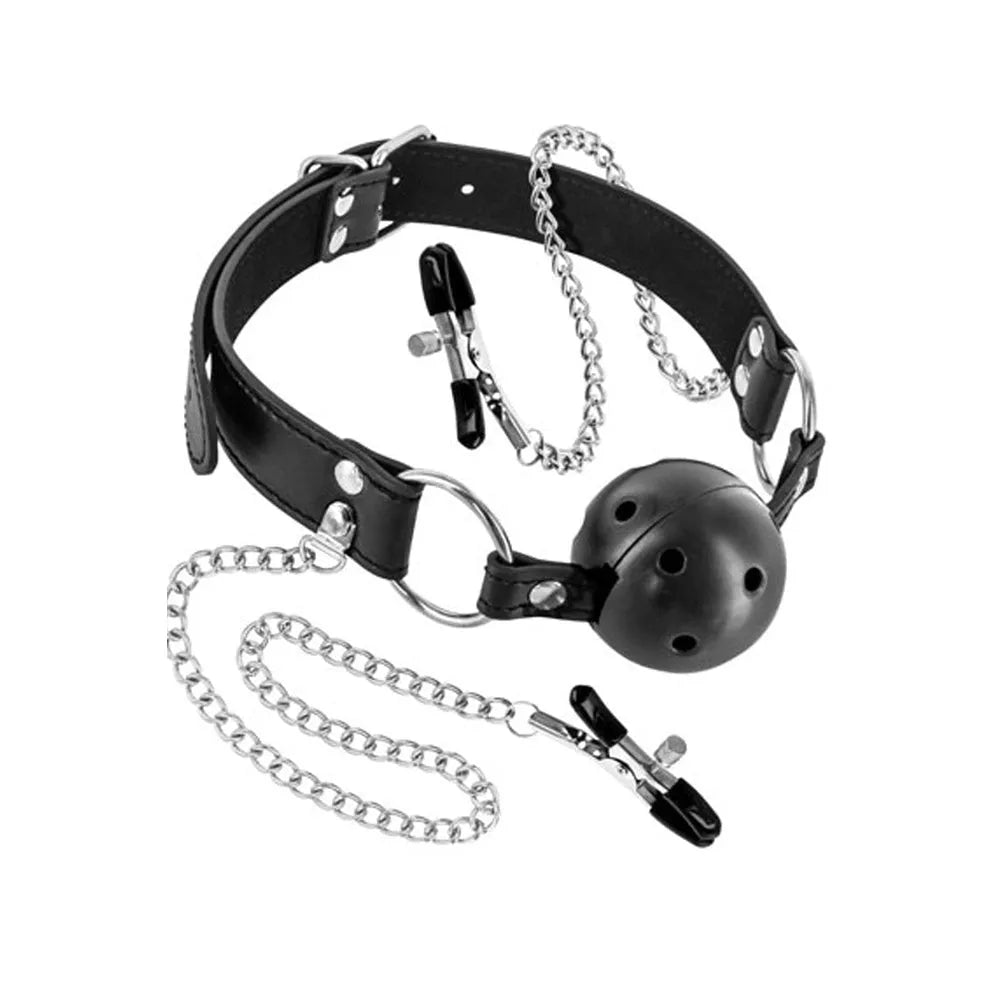 baillon boule silicone perforée respiratoire hygiénique confortable réglable circonférence 42 58 centimètres chaînes pinces tétons crocodile pression sécurité soumission