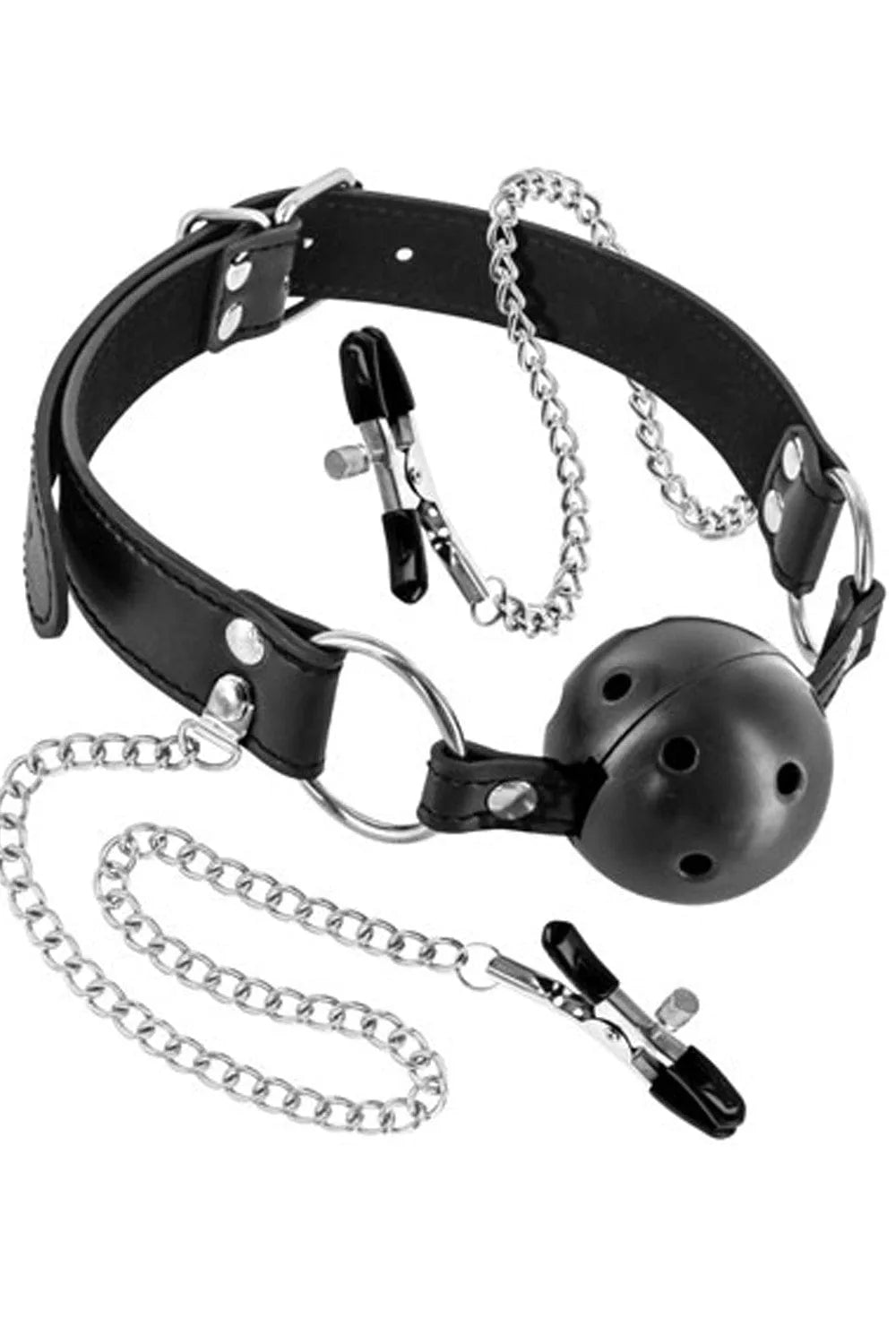 Baillon boule noire en silicone perforée avec chaînes et pinces à tétons réglables, circonférence 42-58 cm.