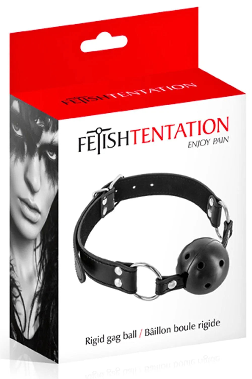 Baillon boule BDSM noir en silicone avec trous respirants, sangles ajustables en cuir synthétique, emballage rouge et blanc.