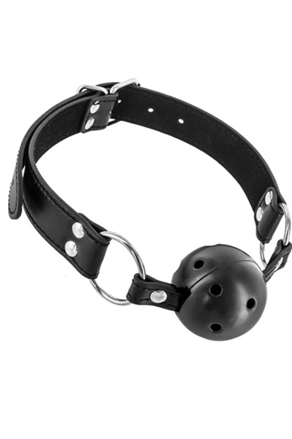 Baillon boule BDSM noir en silicone avec trous respirants, sangle en cuir synthétique ajustable, design ergonomique.