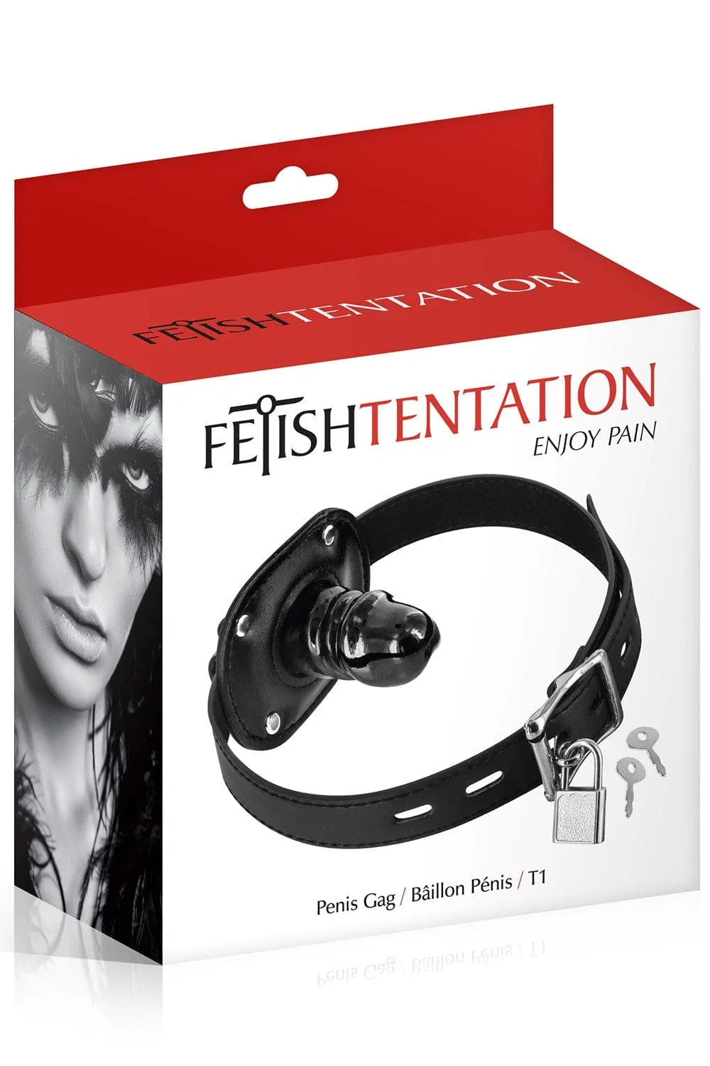 Bâillon SM noir avec mini gode, réglable 40-59 cm, cadenas et clés inclus, TPR sans phtalates, emballage rouge et blanc.
