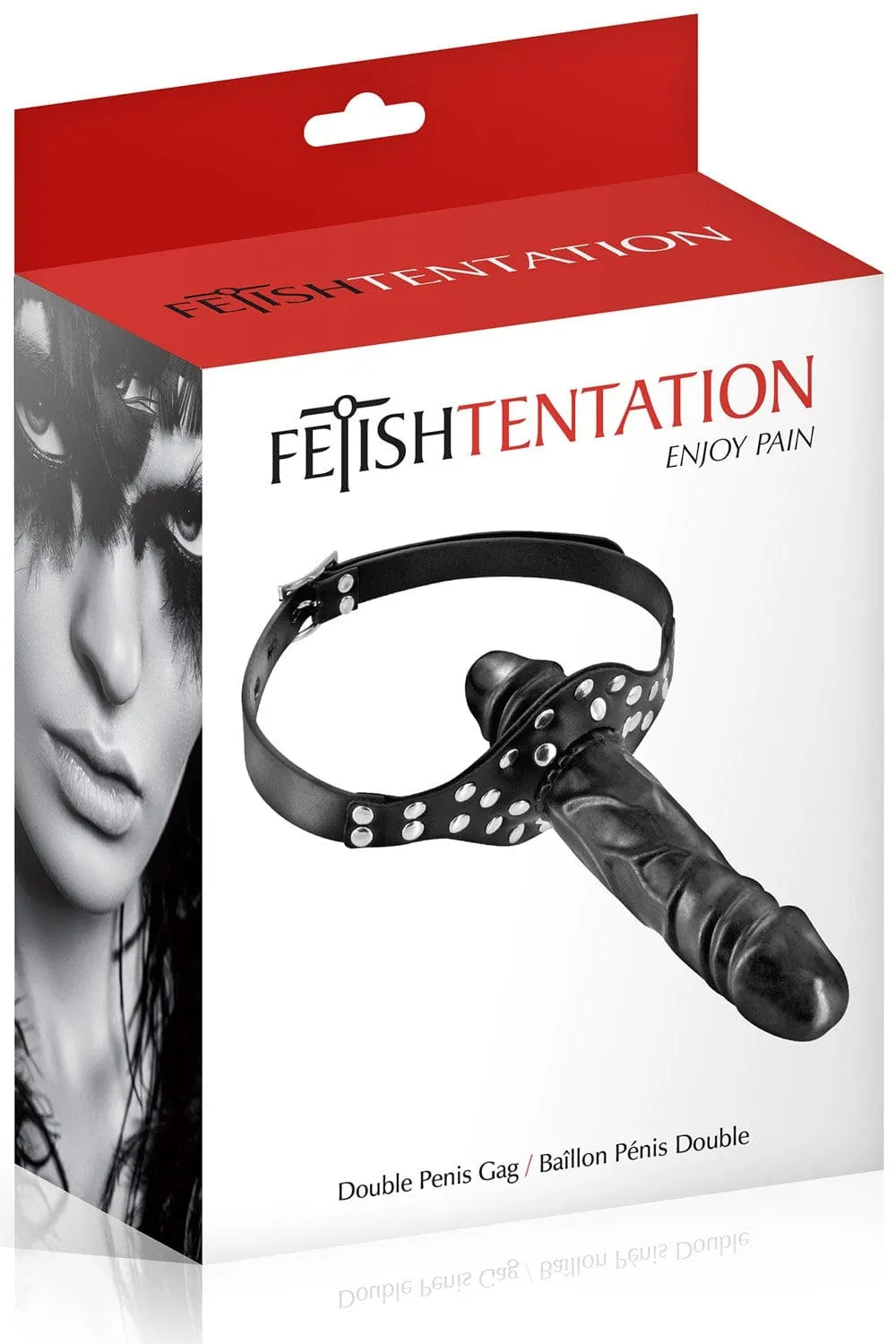 Bâillon BDSM noir avec rivets argentés, double gode, réglable 45-60 cm, TPE sans phtalates, domination et soumission.